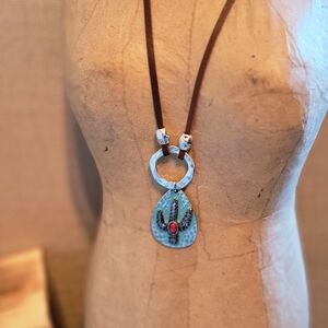 Turquoise Teardrop Pendant Necklace with Brown Cord